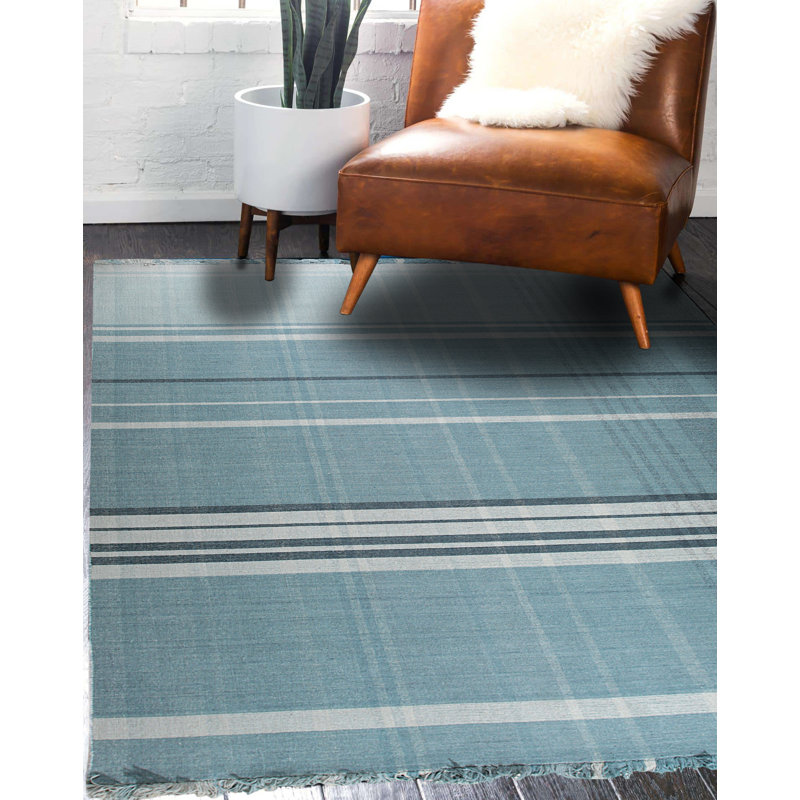 Bazil Blue Flatweave Wool Contemporary Plaid Hand-Knotted Area Rug, Rectangle 4' x 6'