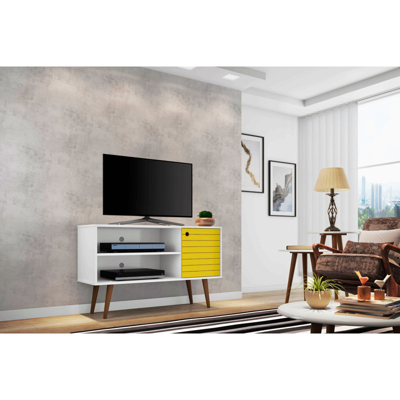 Liberty 43" Mid-Century Modern 3-Shelf TV Stand for TVs up to 43" in White and Yellow, White/Yellow