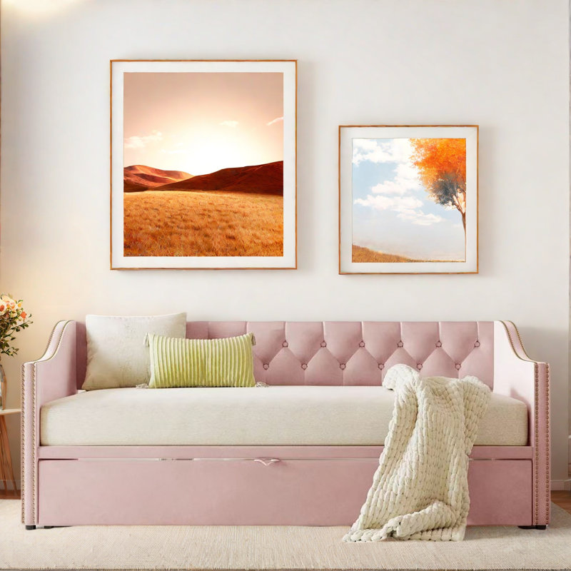 Upholstered Daybed With Pop Up Trundle, Pink
