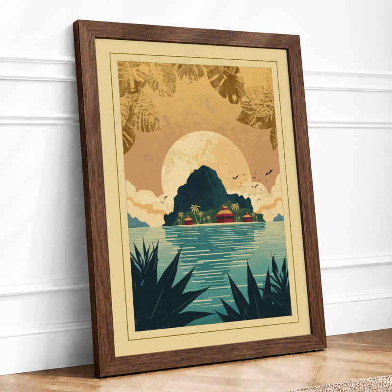 Island Under Moon Japandi - Framed Print, Walnut, A1 - 84.1 x 59.4 cm