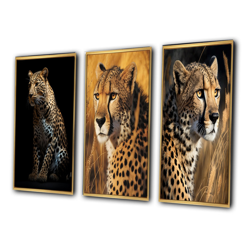 "Superbe portrait de léopard sauvage", 3 pièces sur toile, Cadre flottant doré, H 40 po x l 60 po