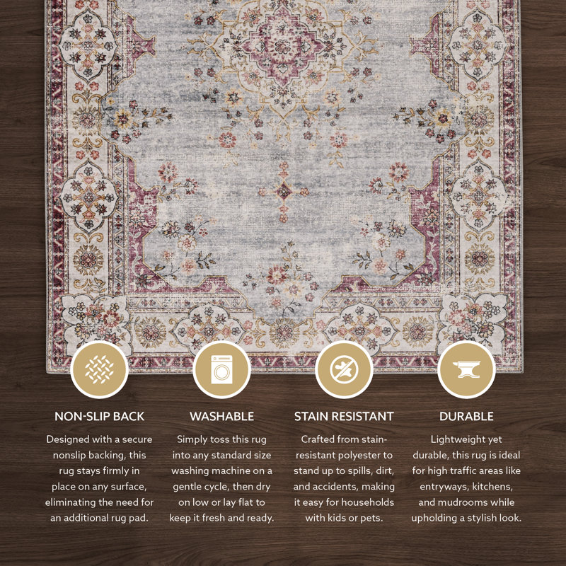 Delacroy Machine Washable Pale Blue and Ivory Area Rug, Rectangle 2' x 3'