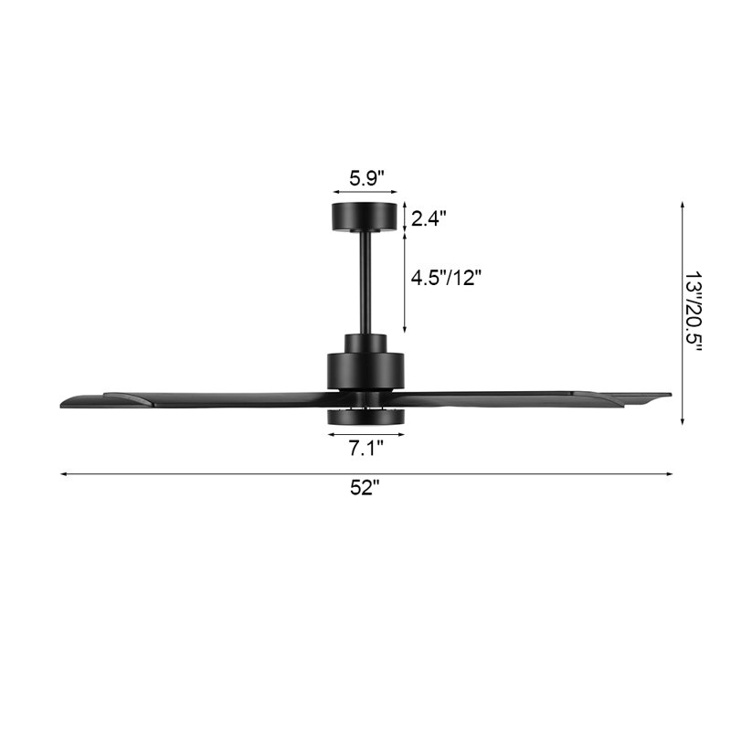 Ventilateur de plafond à DEL 5 pales Bascio, Noir, noir, noir, noir, H 20,5 po x l 52 po x P 52 po, Noir