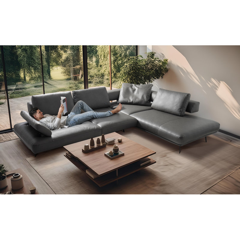 Trumansburg Leather Corner Sofa , Dark Grey, Right Hand Facing