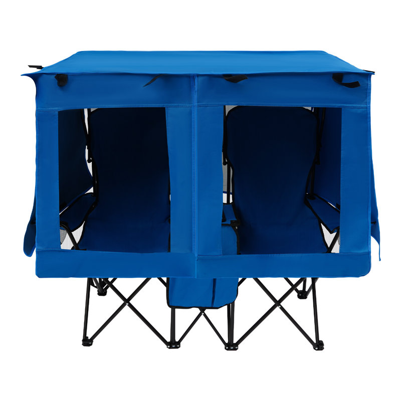 Chaise de camping double pliante avec auvent pour 2 adultes Causeuse d'extérieur avec sac isotherme Porte-gobelets, Bleu