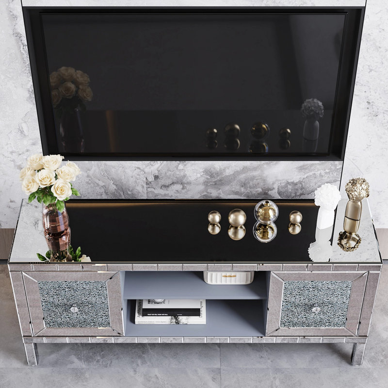 Alan Mirrored TV Stand with Crushed Diamond Doors & Adjustable Shelves