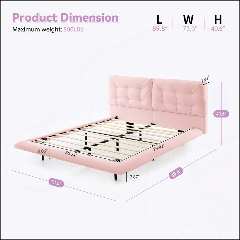 Cadre de lit flottant pour grand lit avec lumières DEL, plateforme en cuir d'unité centrale, tête de lit capitonnée, assemblage facile, aucun sommier tapissier requis, rose