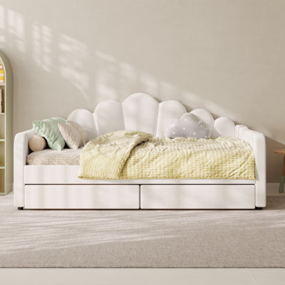 Upholstered Daybed Wtih With Shall Shaped Backrest And 2 Drawers
