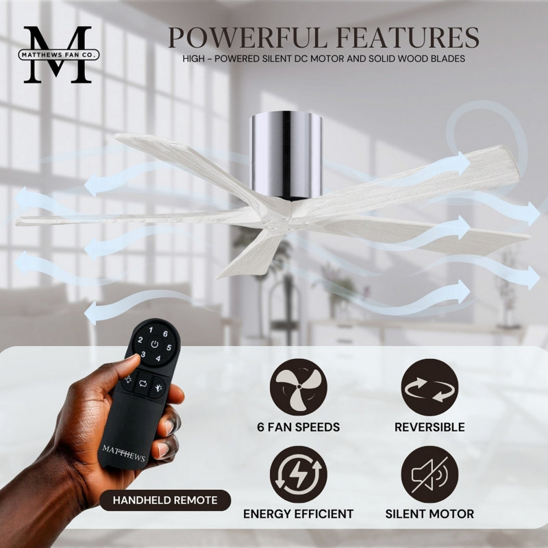 60" Irene 5-Blade Hugger Ceiling Fan with Wall Remote, Polished Chrome, 60", Matte White