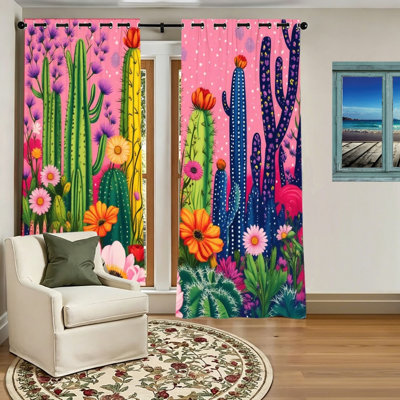 2 pièces de rideaux occultants à imprimé de fleurs de cactus, décorations de fenêtre sur le thème du jardin Boho Desert pour le salon, la chambre à coucher, la décoration intérieure