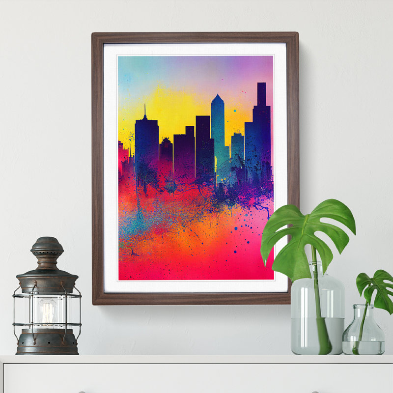 XV1022-3239X Paint Splashed City Skyline No.2 Abstract 1 Piece Single Picture Frame Wall Art, 64cm H x 46cm W x 2cm D, Walnut