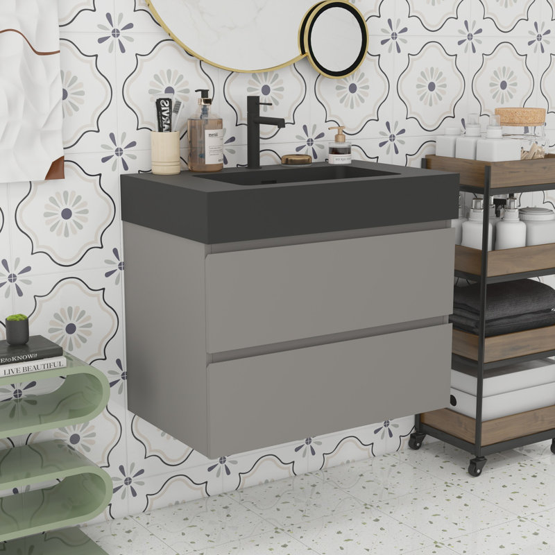 Grand meuble-lavabo mural avec rangement Modern, Noir, noir, noir, noir, Gris