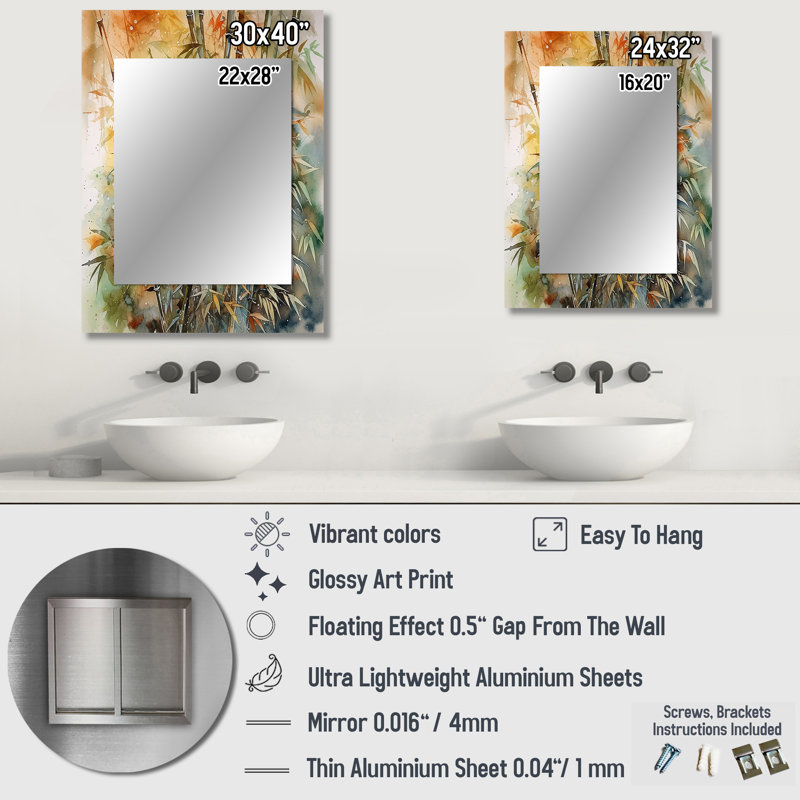Green Floral Bamboo Bliss I - Floral Wall Mirror, Traditional Decorative Mirror, Printed Metal Art, 32" x 24"