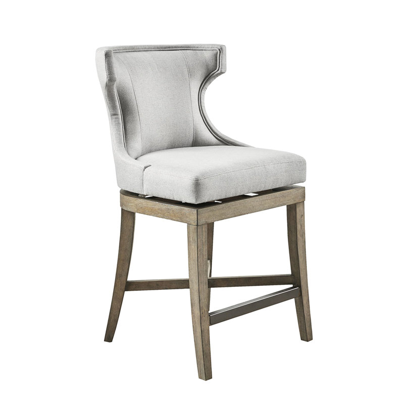 Tabouret de comptoir pivotant, pieds en bois récupéré, chaise de revêtement grise avec dossier rembourré, solide, charge de 300 lb
