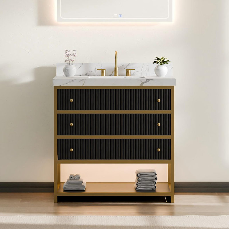 36" Freestanding Full Metal Frame Solid Oak LED Bathroom Vanity with Wall LED Mirror