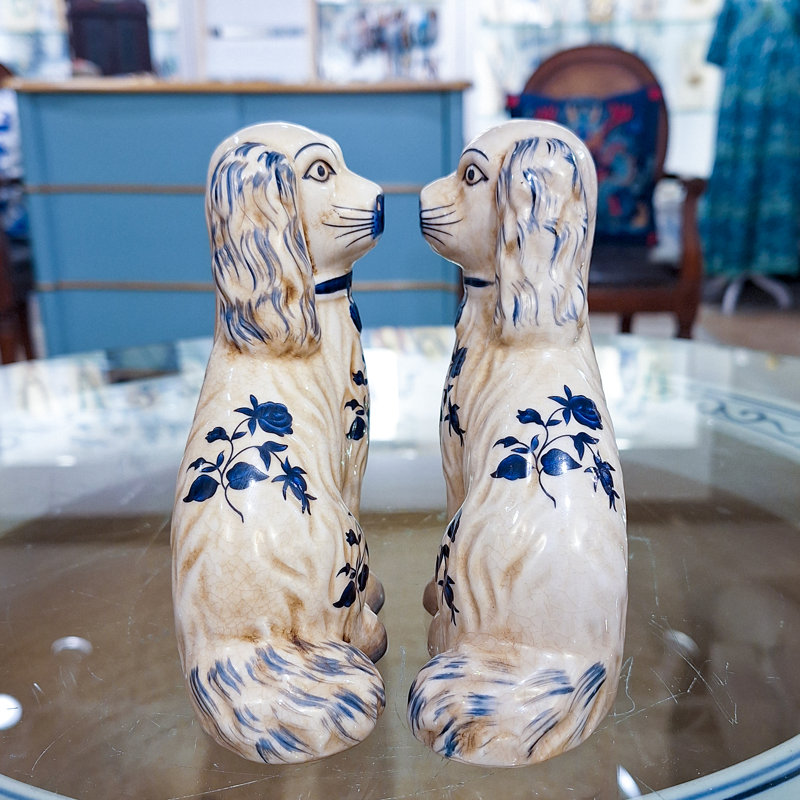 Staffordshire Style Porcelain Dog Pair Blue Floral Small