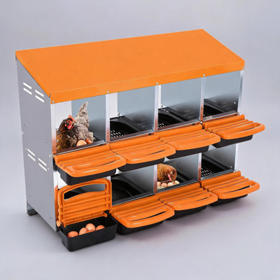 Boîte de nidification pour poulets, boîte à œufs roulante à 8 trous avec couvercle, conception en acier galvanisé robuste antirouille - collection Easy Egg, facile à nettoyer (fixation murale sans support, orange)