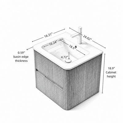 24" Wall-Mounted Floating Bathroom Vanity with Sink, Retro Walnut Woodgrain Plywood Storage Cabinet with 2 Drawers and White Ceramic Basin, Faucet Not Included, Pre-assembled