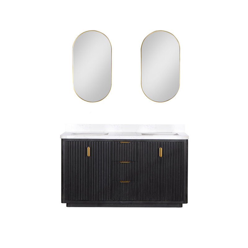 Ensemble de meuble-lavabo double 60 "avec miroir Adela, Blanc / Blanc, Noir, noir, noir, noir, Doré