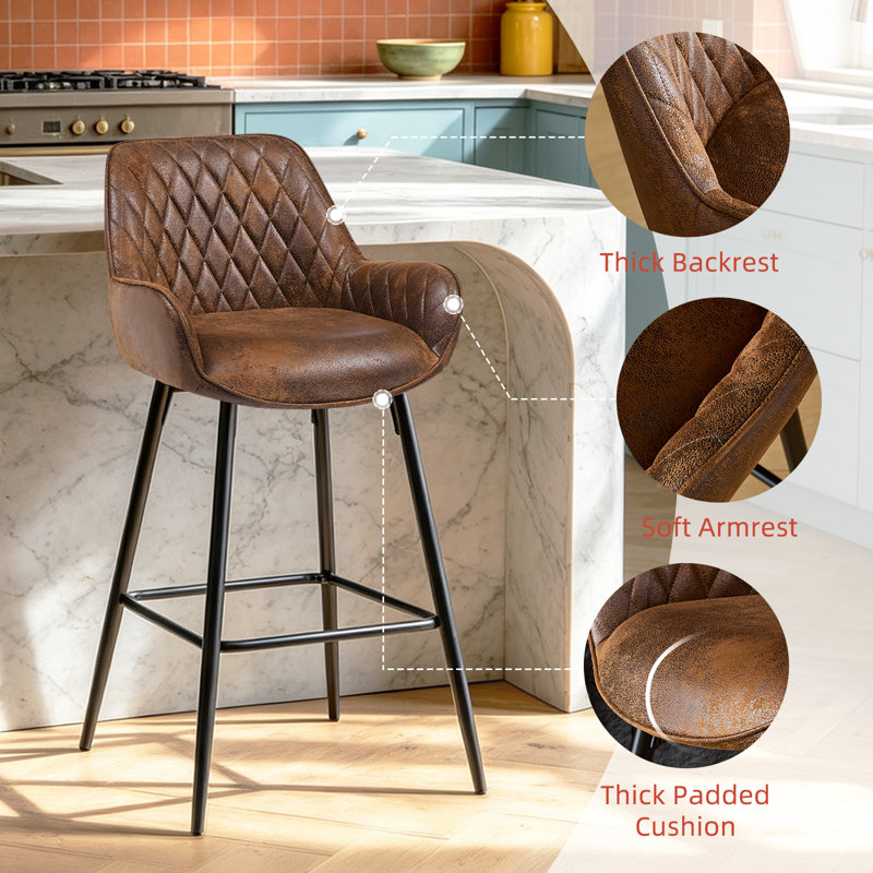 Modern Velvet/Suede Upholstered Bar Stool with Diamond Tufted Back, Counter Height Chair with Black Metal Legs, Brown Suede