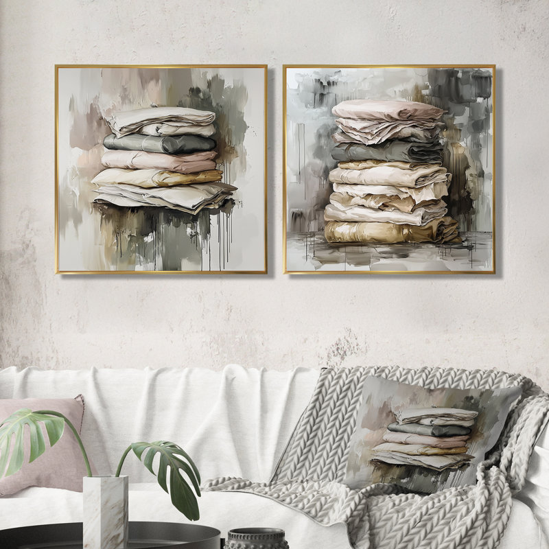 «Gray Minimalist Folds Laundry I», art mural - ensemble d'art mural moderne 2 pièces, H 30 po x l 61 po, Doré