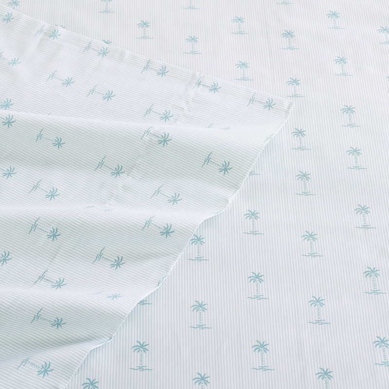 Kew Palms Blue Queen Cotton Percale Sheet Set