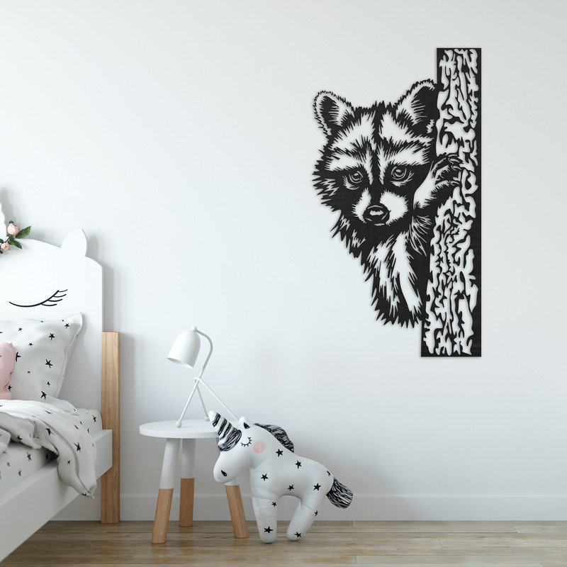 «Curious Racoon Peeking from Tree», art mural noir (24 po x 13,2 po), H 46 po x l 25,3 po x P 0,25 po, Argent