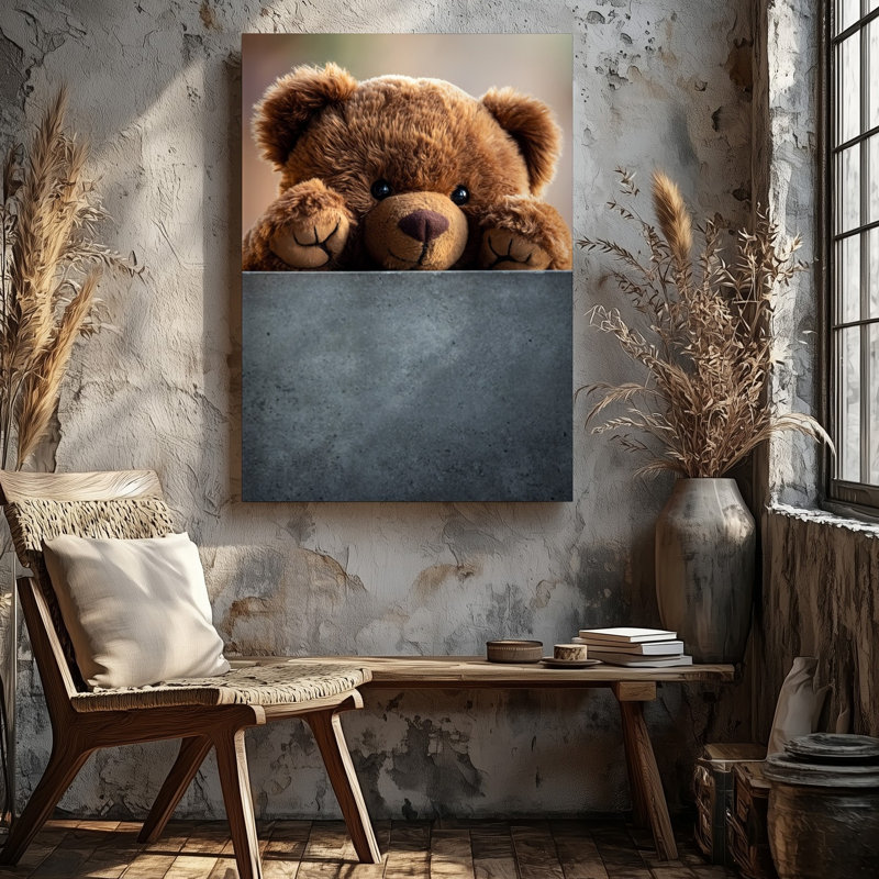 Toile, un doux ours en peluche avec un art mural brun velouté et chaud, la texture de la fourrure repose sur ses pattes sur un gris élégant et frais pour une décoration murale moderne sur toile