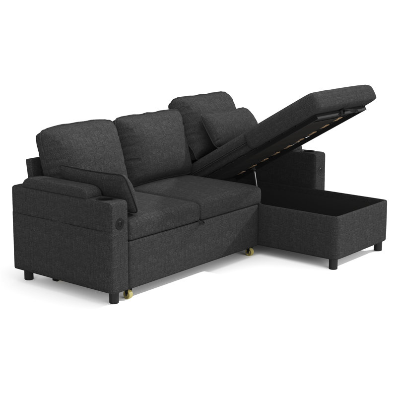 Vesna L-shape 81" Wide Space-Saving Sleeper Sofa Upholstered Pull-out Sofa Bed, Dark Gray