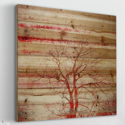 « red branches » par parvez taj,, reproduction d’art sur bois de pin naturel