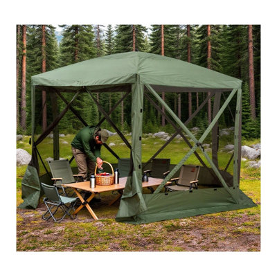 Pavillon de jardin vert en polyester hexagonal avec abri moustiquaire d'extérieur 11,6 pi x 11,6 pi