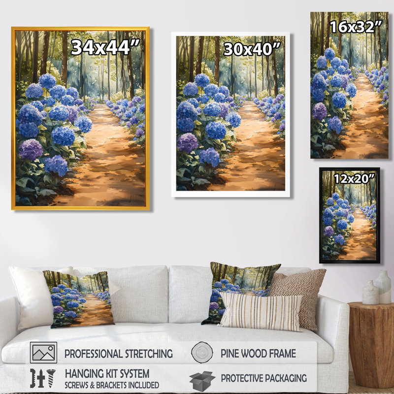 «Hydrangeas In The Garden Path I - Hydrangea», reproduction sur toile, Noir, Impression encadrée flottante, H 20 po x l 12 po