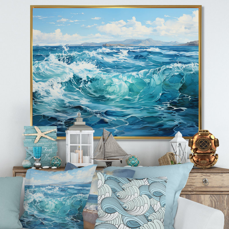 Teal Ocean Infinity - Landscapes Canvas Wall Art, H 34 po x l 44 po x P 1,5 po, Cadre flottant doré
