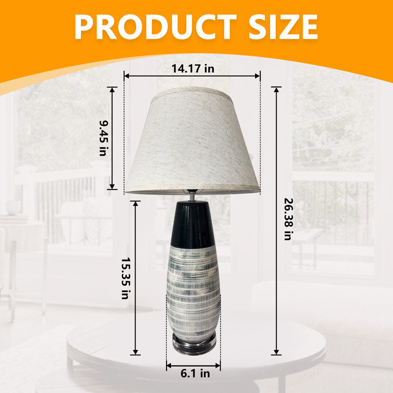 Lampe de table moderne en céramique rayée 26,38 po, lampe de chevet de ferme avec abat-jour en lin, lampe de base E26 pour la décoration intérieure