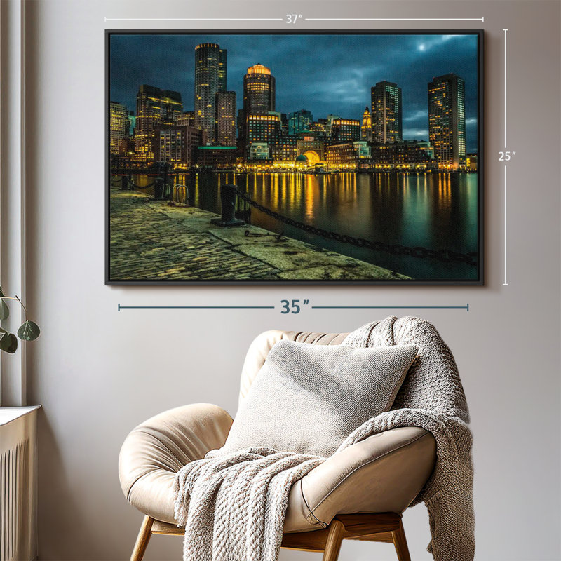 «Boston Skyline At Night Wall Art», H 25 po x l 37 po