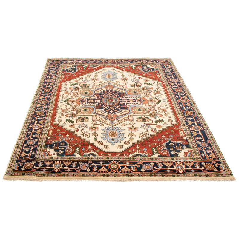 Tapis unique en laine crème / bleu marine / rouge foncé 7 pi 10 po x 10 pi 1 po New Age Kenio