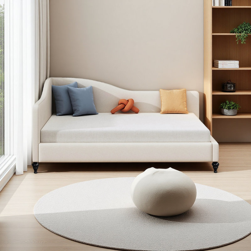 Lit de jour en L en forme de L, avec pieds en bois massif, Beige, Complet/Double