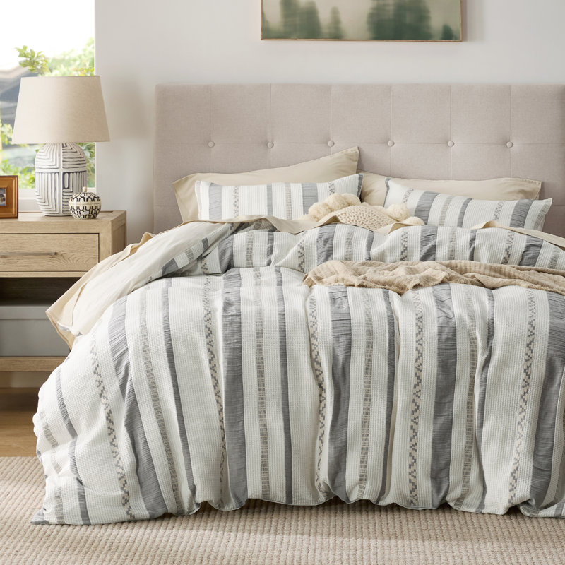 Housse de couette 100% coton tissé gaufré - en solde, Housse de couette grand et 2 taies d'oreiller stan, Strip White