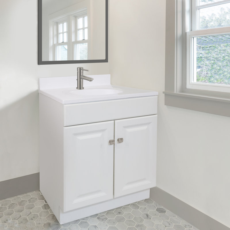 Meuble-lavabo de 31 po avec plateau Wyndham, prêt à assembler, Blanc uni