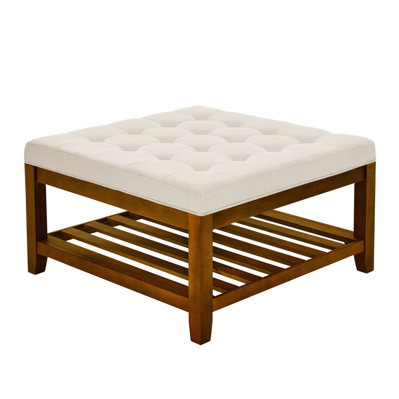 Upholstered  34.25"Square Coffee Table with Beech Wood Shelf and Frame, Ivory