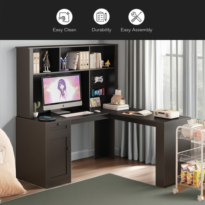L Shaped Desk With Outlet, Computer Desk With Drawers, Bookshelf & Hutch, Modern Corner Desk, Home Office Desk,L-Shaped Study Table Writing Desk,Corner Gaming Computer Desk With Storage