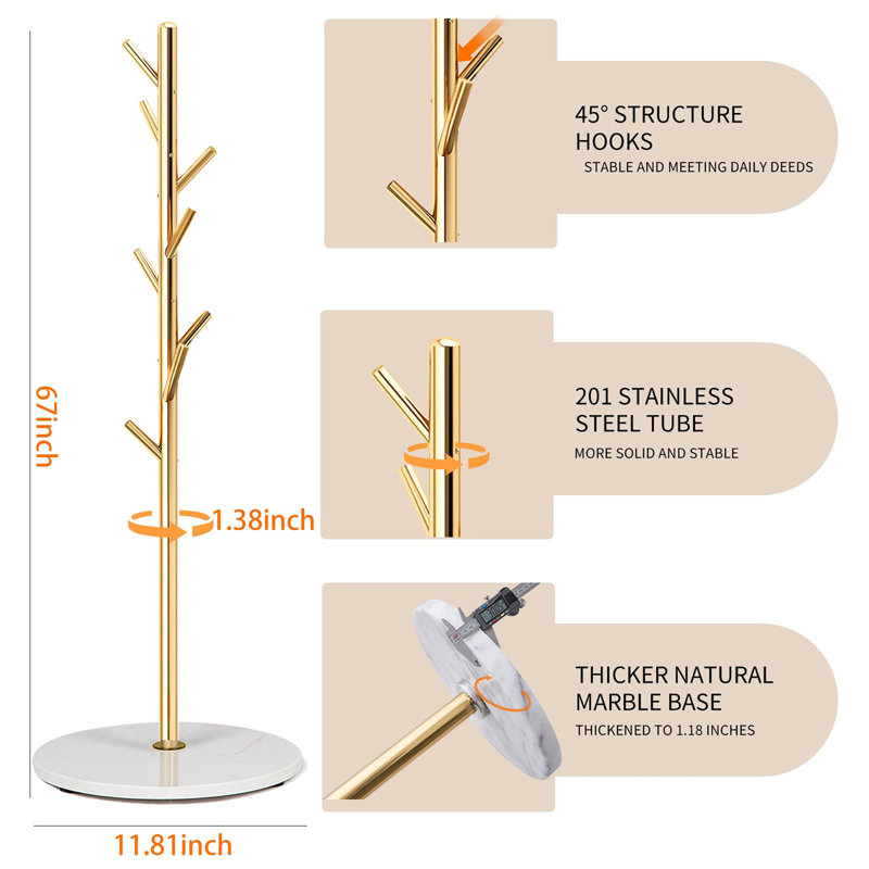 Freestanding Modern Metal Coat Rack, Whtie/Gold