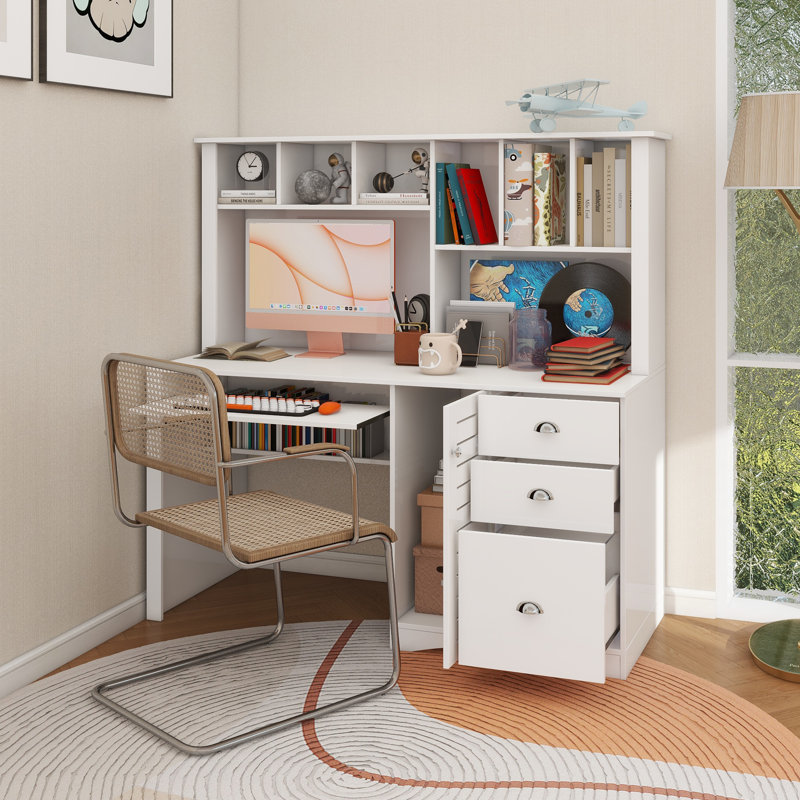 Home Office Computer Desk With Hutch, White