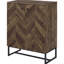 Armoire d'appoint autoportante à 4 tablettes au fini chêne rustique, carré bronze industriel, deux portes à chevrons pour le rangement des entrées en chêne, finition à profondeur visuelle
