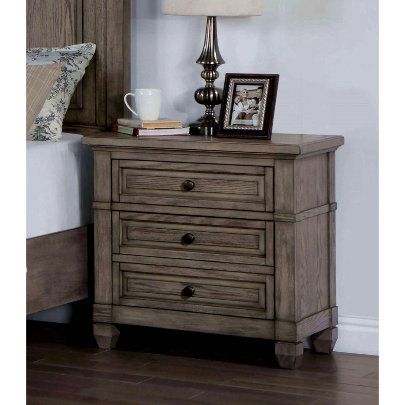 Wire-Brushed Finish 1Pc Nightstand Warm Grey Colour Solid Wood 3-Drawers Bedside Table Transitional Bedroom Furniture