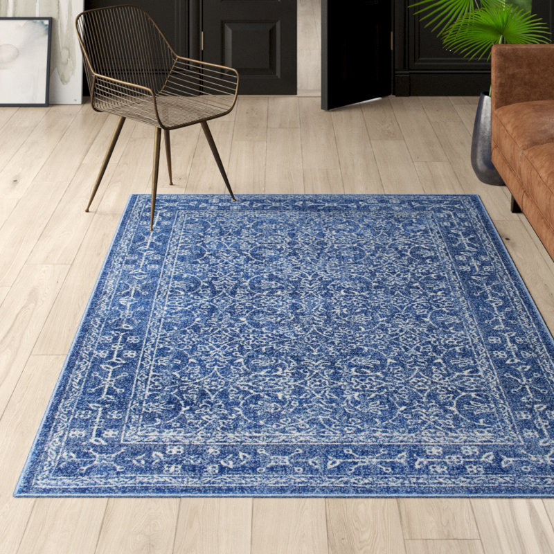 Tapis oriental bleu foncé / blanc Utterback, Rectangle 6 pi 7 po x 9 pi