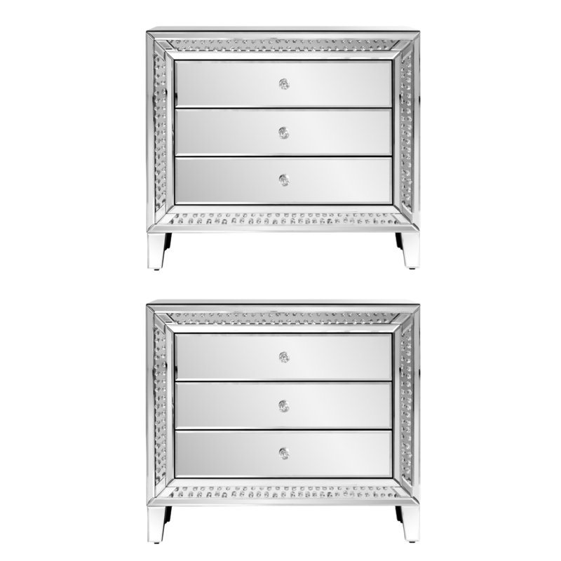 Table de chevet Amla 33 po grand format en verre miroir, style glamour contemporain (ensemble de 2)