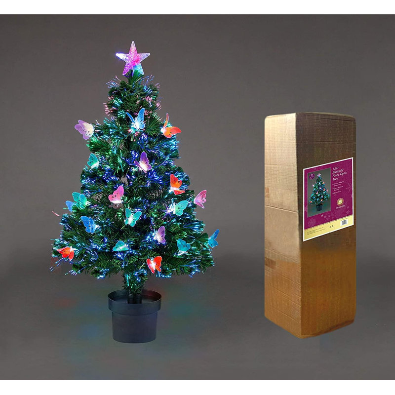 2ft to 6ft Butterflies Fibre Optic Pre-Lit Artificial Christmas Tree with LED Lights, PVC, Green, 2 ft.