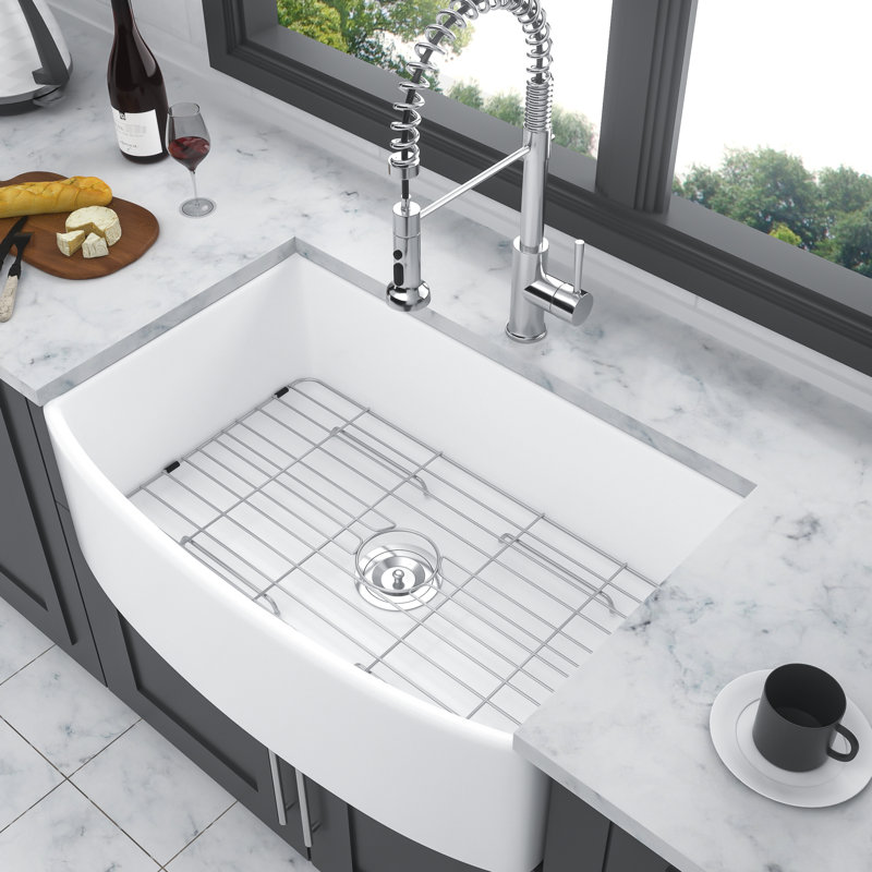 White Ceramic Kitchen Sink 33" - Arch Edge Apron Front Single Bowl Simple