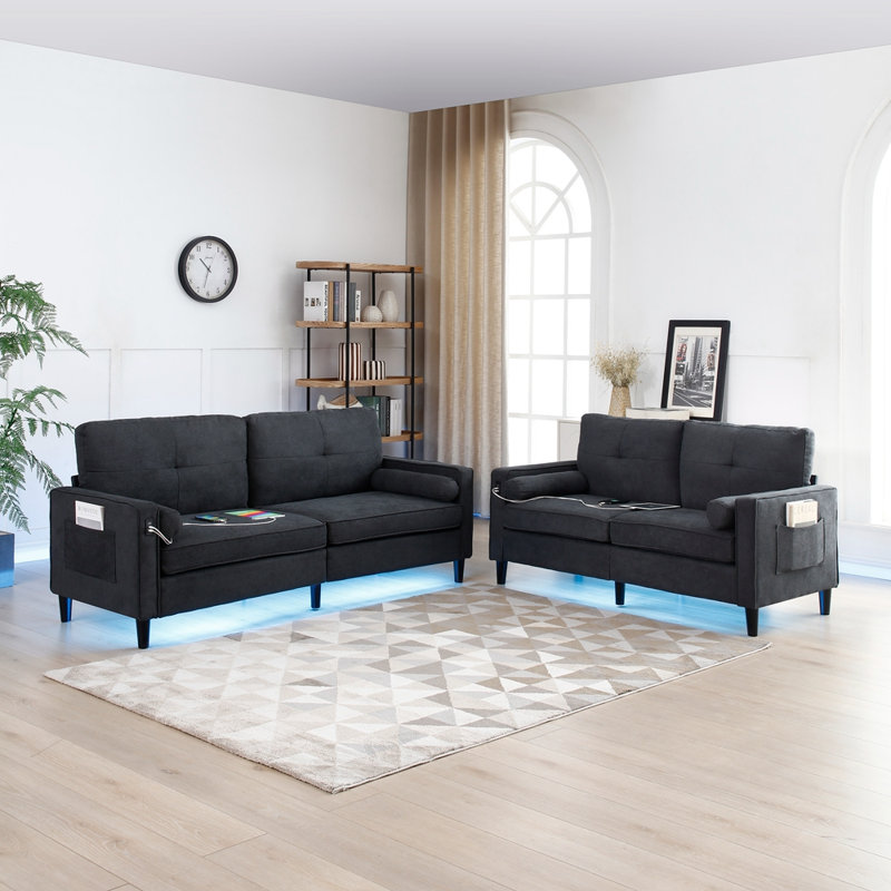 Canapé moderne 2 pièces avec causeuse Ballah, Lin noir